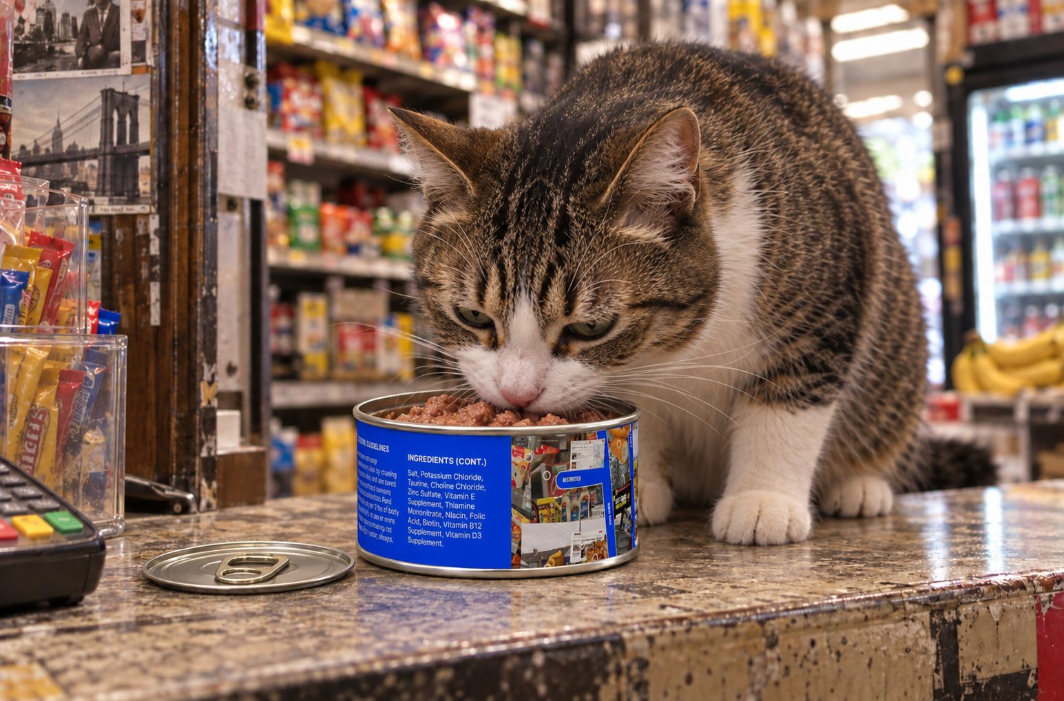 A tabby and white bodega cat eating from an open can of cat food on a convenience store counter