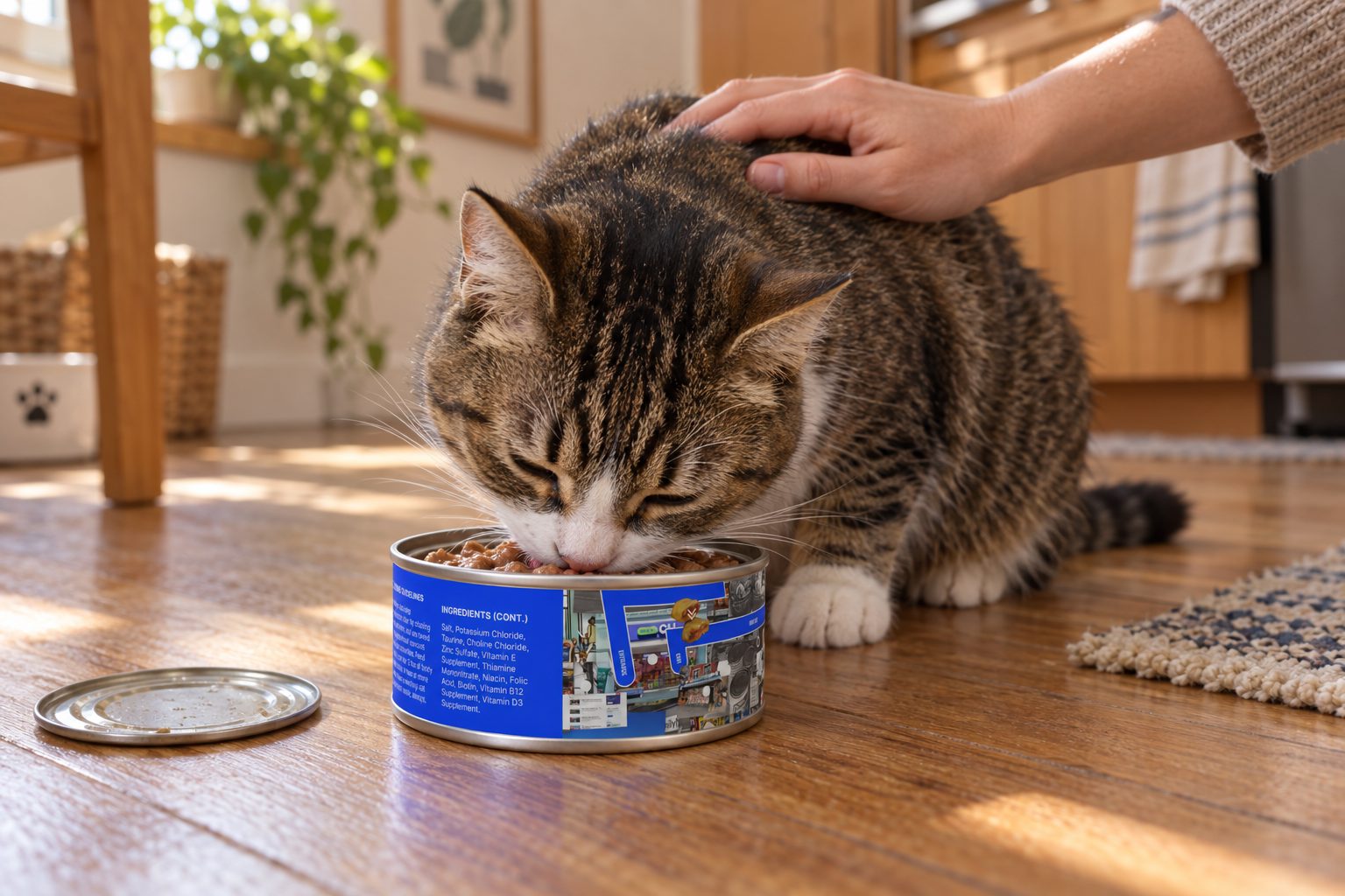 A tabby cat eating from an open can of cat food on a sunny wooden floor while its owner pets it
