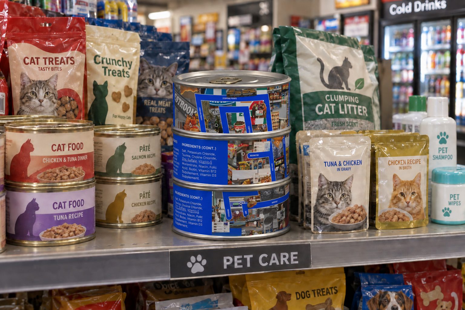 A stack of three blue cans of cat food on a pet care shelf in a convenience store, next to other cat food and treats